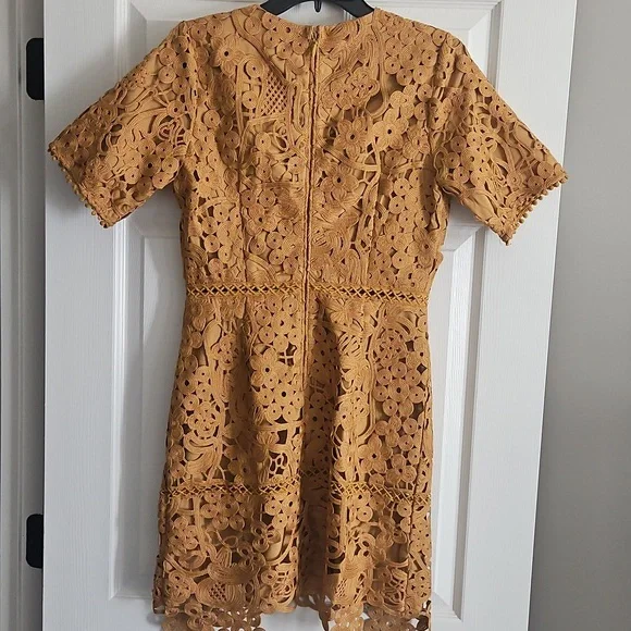 Adelyn Rae Lace V-neck Short Sleeve  Sheath Mini Dress: Color- Mustard - Picture 7 of 11